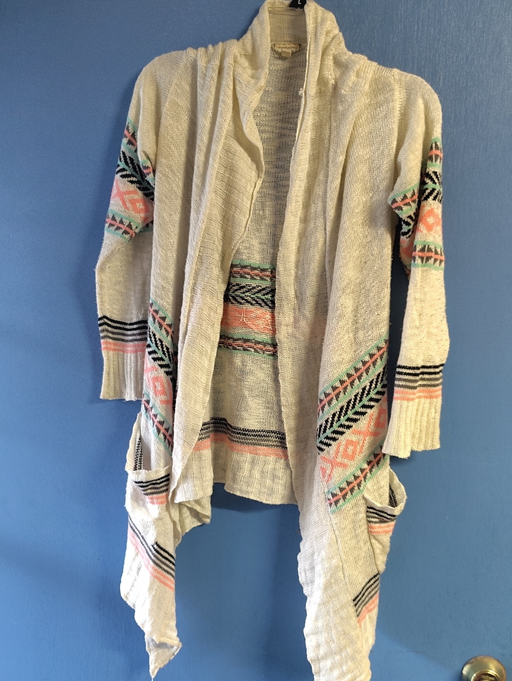 Cream Open-Front Sweater Cardigan with Aztec Stripe Detail